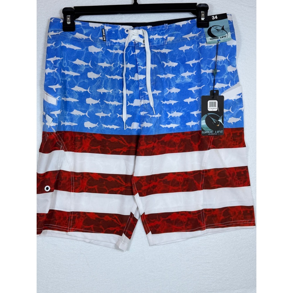 Wave Life Mens Board Shorts 34 American Flag Shark Print Swim Trunks New w/ Tag